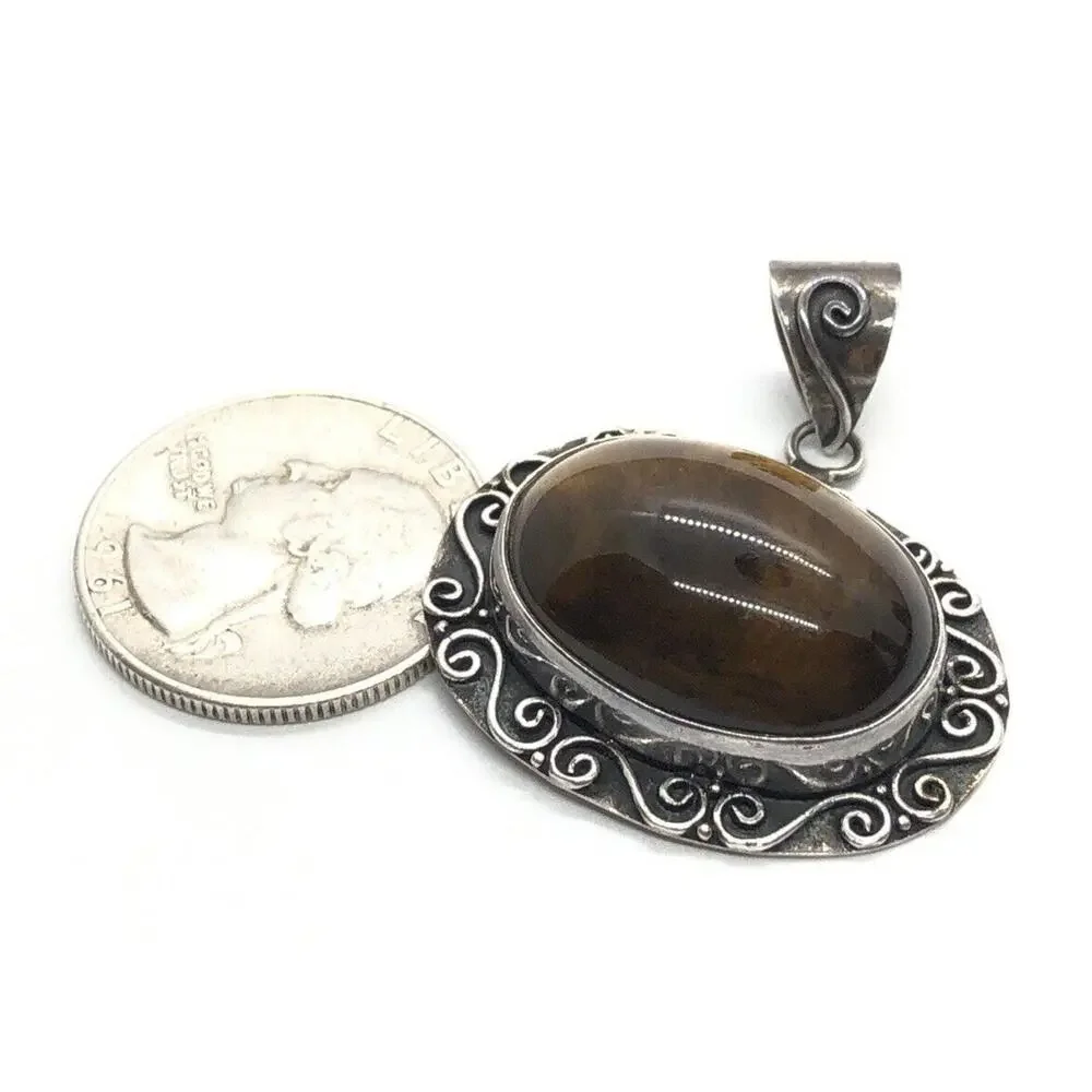 Vintage Sterling Silver Necklace 925 Pendant Tigers Eye Brown Stone